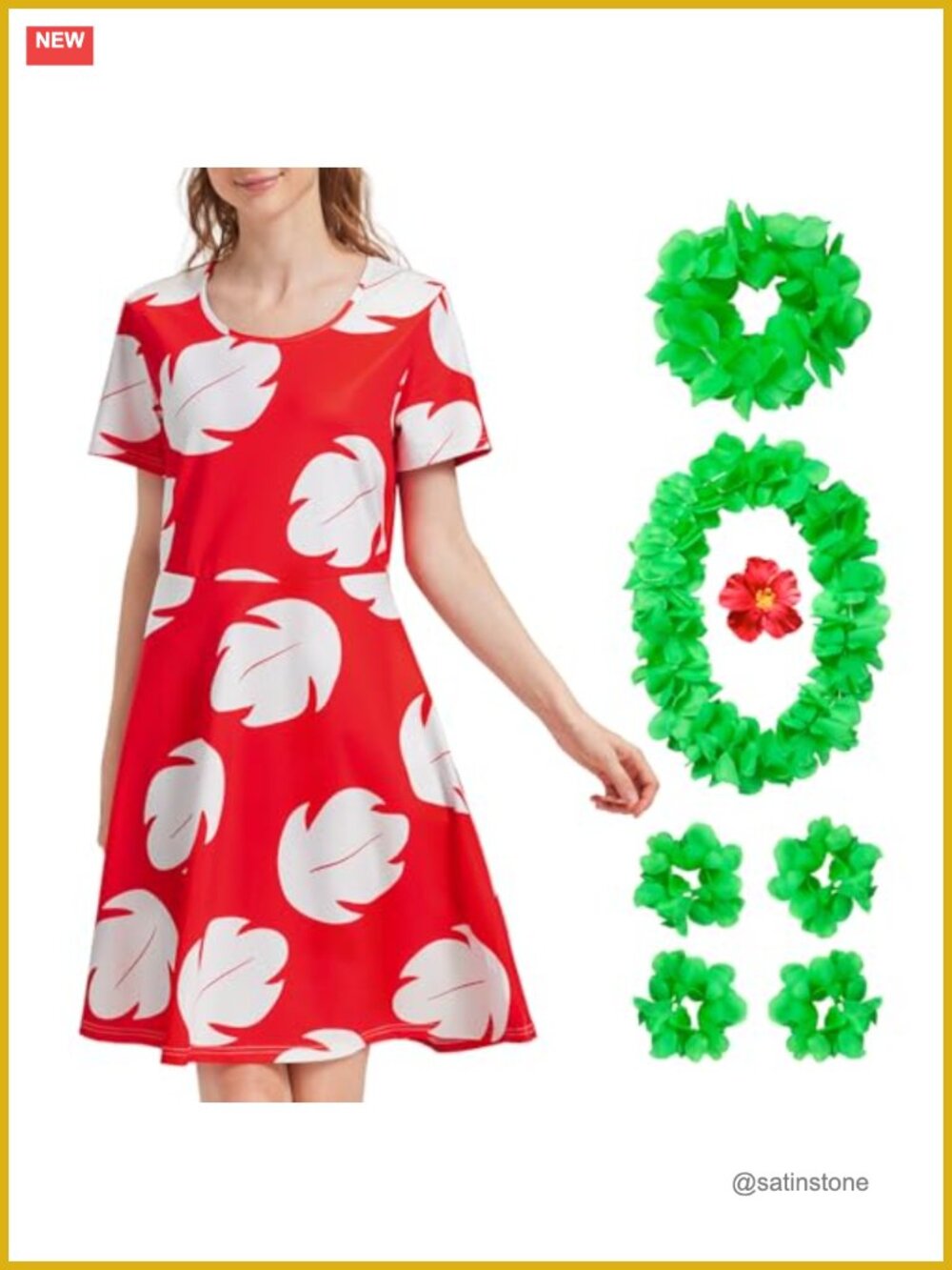 Hawaiian Leaf Halloween Costume Dress with Luau Leis Set